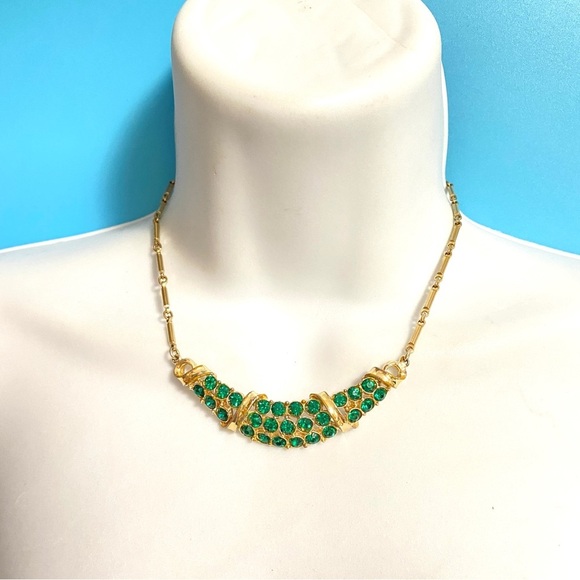 Vintage Green Rhinestone Gold Tone Choker Necklace - Picture 6 of 10